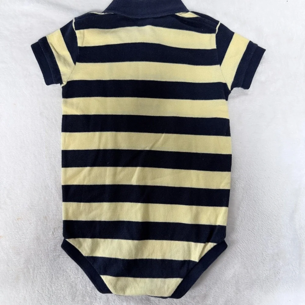 Ralph Lauren Baby Boy Striped Polo Bodysuit Navy Yellow 6-12 Short Sleeve Romper